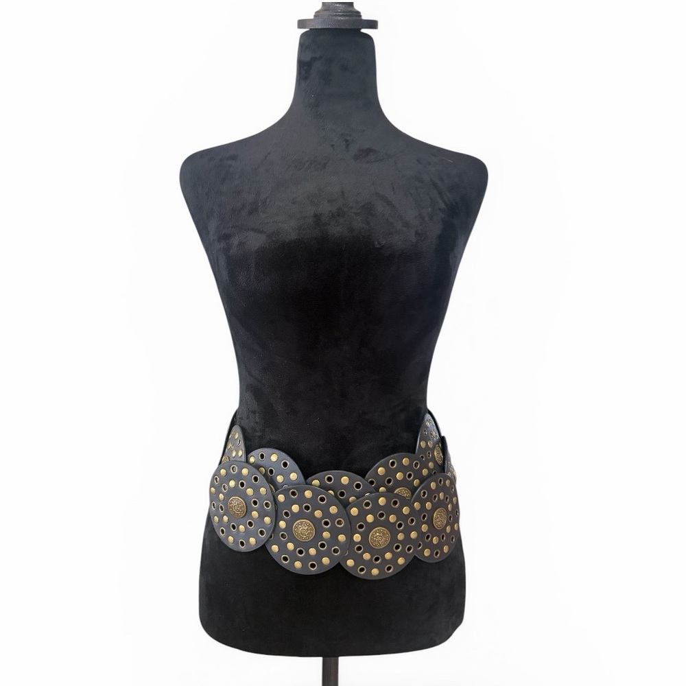 Black, Gold Circle Stud Waist statement belt, OS Adjustable Bohemian,Western New - Picture 2 of 7